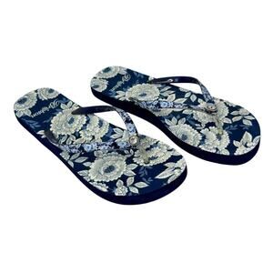 BRIGHTON Blue Floral Embossed Crystal Rhinestone Sandals Thongs Flip Flops Sz 10